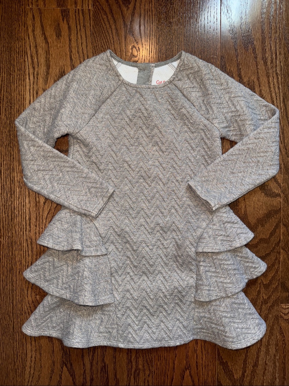 5t girls gray long sleeve dress with tiered ruffles at hips.